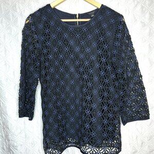 Boho dark cottagecore crocheted overlay Ann Taylor black and blue top, M